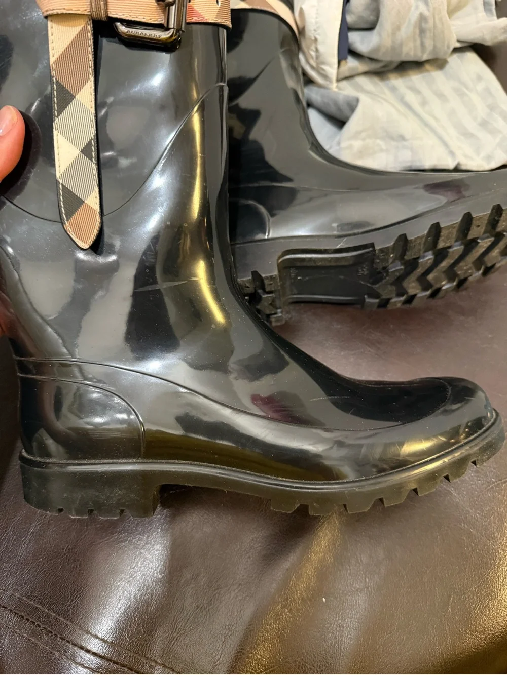 Authentic Burberry Black Rain Boots with Plaid Strap